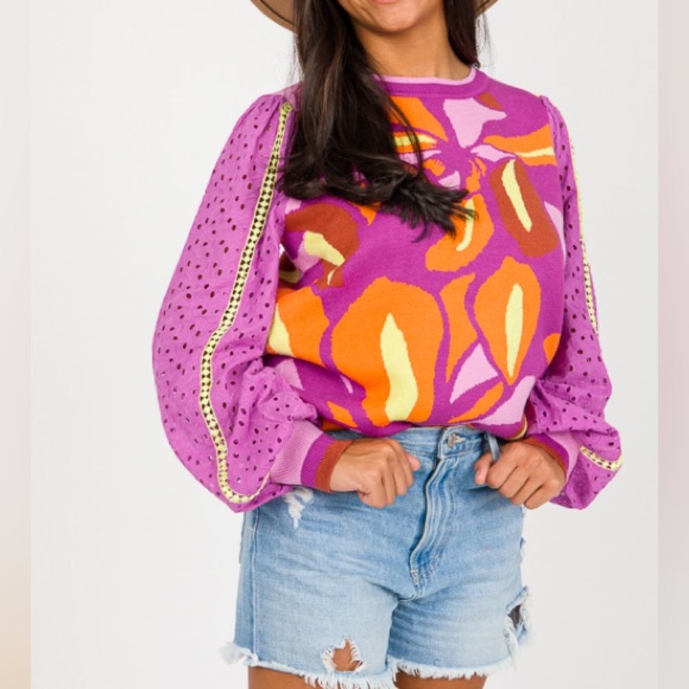 NWT Fate Barbiecore Lace Eyelet Sleeves Abstract Pink & Orange Sweater - Medium - Picture 4 of 16